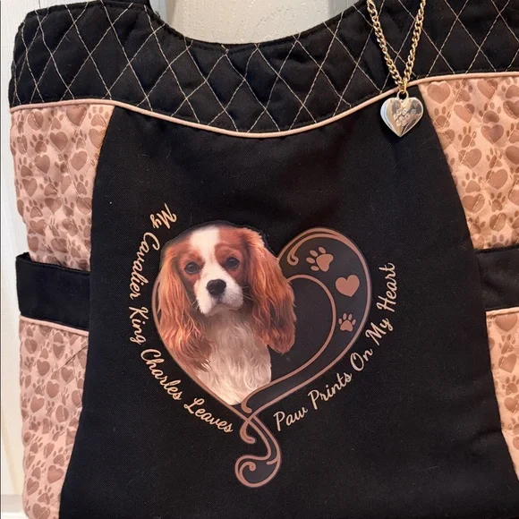 Bradford Exchange Cavalier King Charles Quilted Tote Bag Paw Prints on My Heart - Picture 2 of 9
